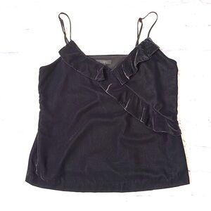 J Crew Black Velour Ruffle Front Dressy Tank Top Camisole Blouse Size 2 NWT